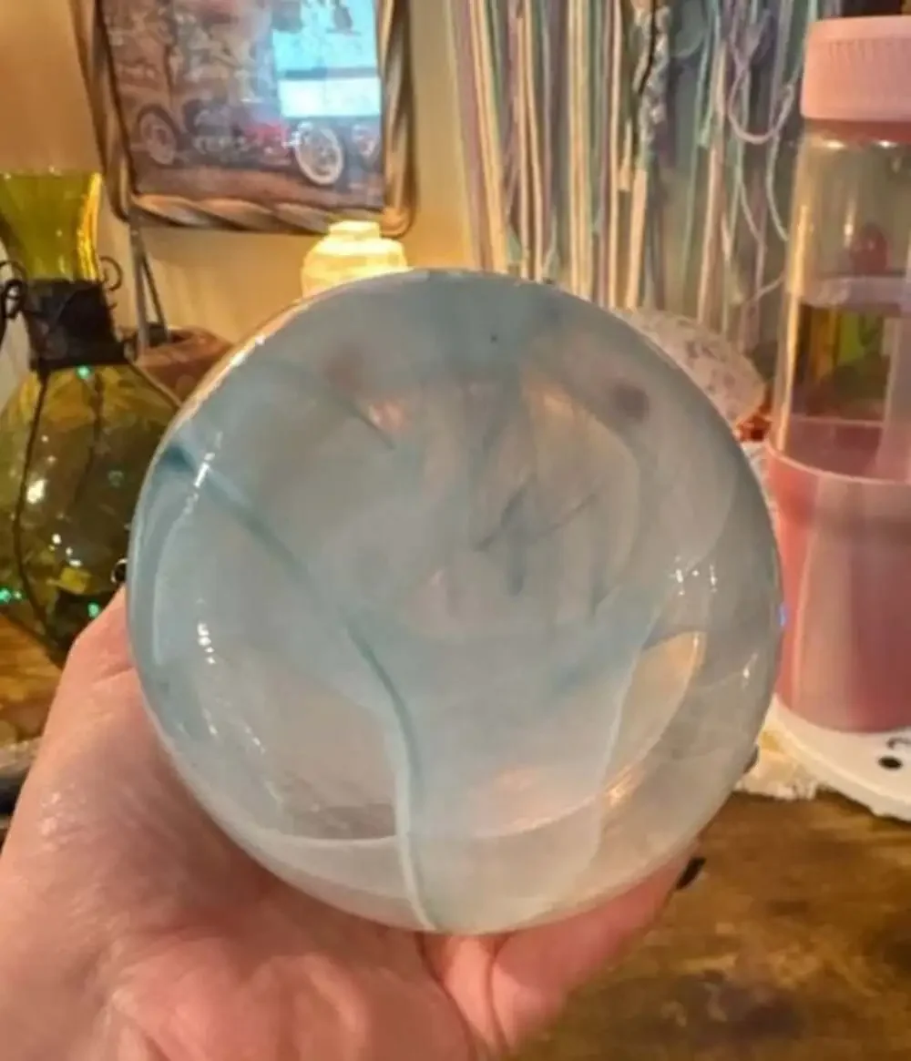 AKCAM Handmade Turkish Art Glass Vase with Blue and White Swirls